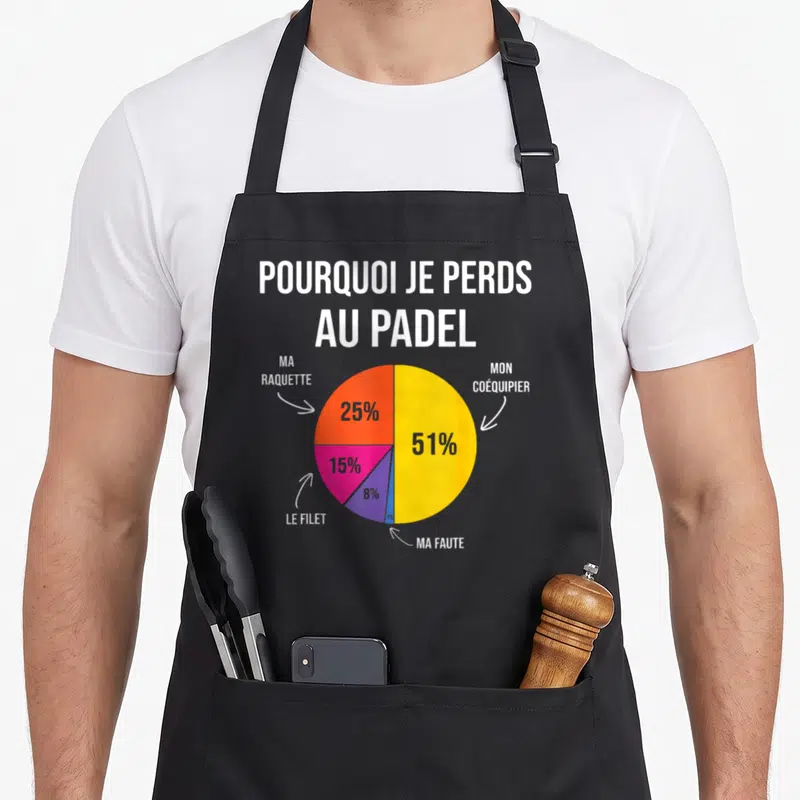 Tablier de cuisine noir avec un diagramme circulaire coloré expliquant les raisons de la défaite au padel.
