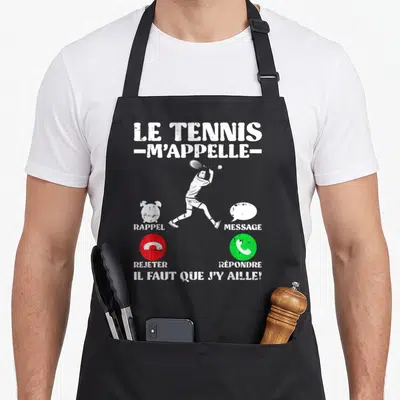 Tablier de cuisine noir avec illustration blanche d'un joueur de tennis et boutons de rappel ou répondre.