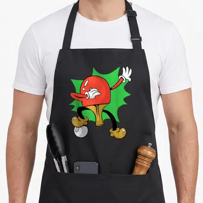 Tablier de cuisine noir avec une raquette de ping-pong rouge aux jambes noires et gants blancs en mouvement.