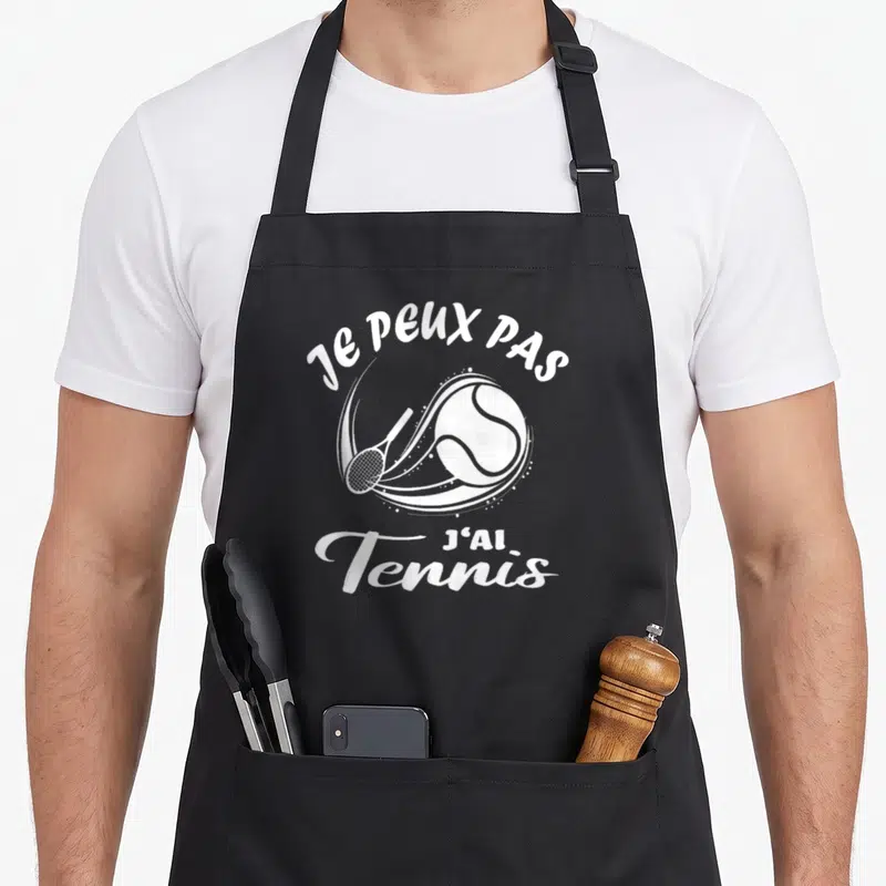 Tablier de cuisine noir avec inscription Je peux pas j'ai Tennis et dessin de balle de