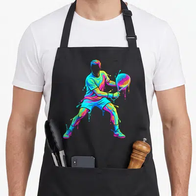 Tablier de cuisine noir avec illustration d'un joueur de padel aux couleurs vives et effet paint splatter dynamique.