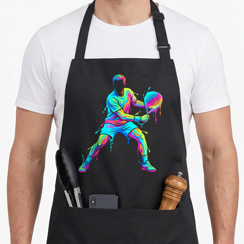 Tablier de cuisine noir avec illustration d'un joueur de padel aux couleurs vives et effet paint splatter dynamique.