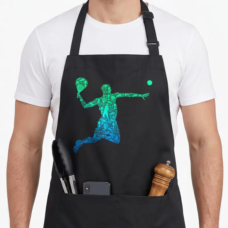 Tablier de cuisine noir avec silhouette de joueur de padel composée d'icônes sportives vertes et bleues.
