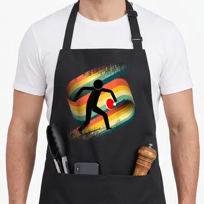 Tablier de cuisine noir avec silhouette joueur de ping-pong rouge et bandes arc-en-ciel style rétro