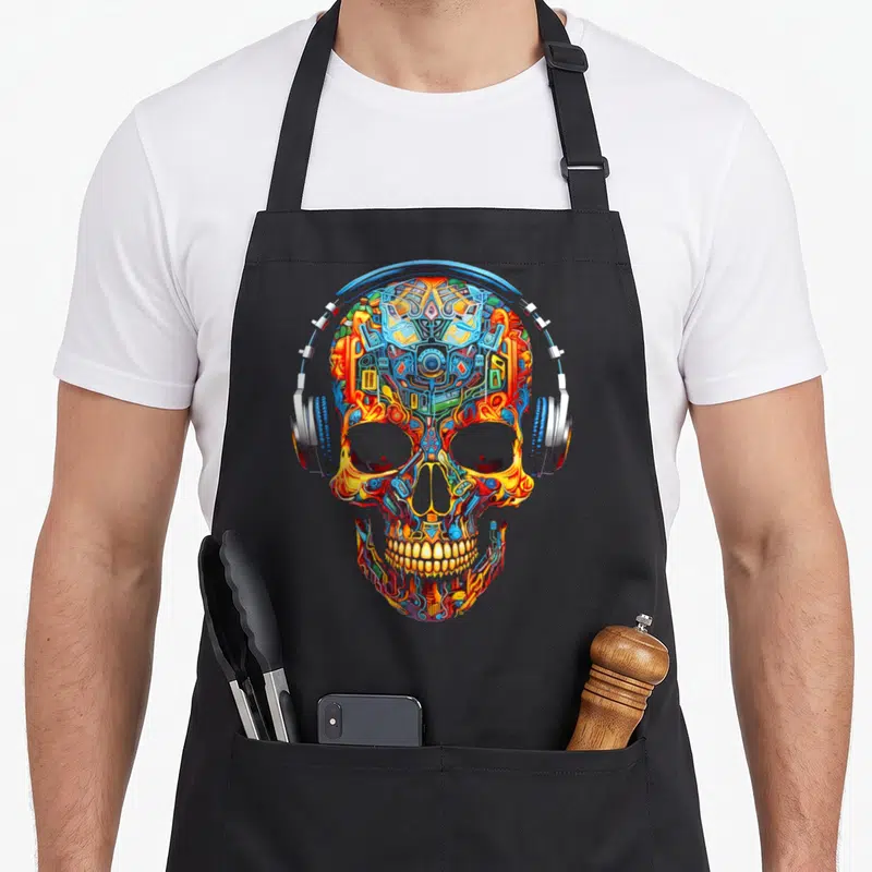 Tablier de cuisine noir avec une tête de mort art géométrique fantaisie graphique aux couleurs vives et un casque audio.