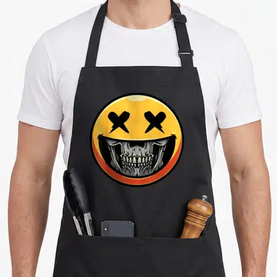 Tablier de cuisine noir avec un grand smiley jaune aux yeux en X et une bouche montrant des dents de squelette gris.