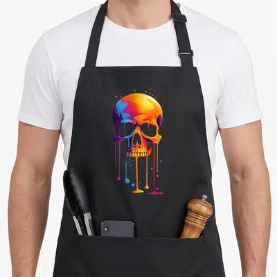 Tablier de cuisine noir avec une tête de mort colorée aux teintes orange, bleues et violettes s'écoulant en gouttes fluides.