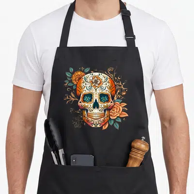Tablier de cuisine noir avec illustration colorée d'un crâne décoré de fleurs orange et motifs floraux bleus.