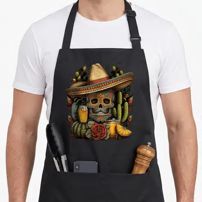 Tablier de cuisine noir avec tête de mort colorée, sombrero, verre de tequila et cactus.