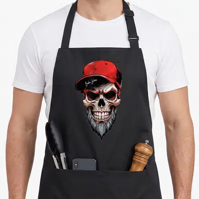 Tablier de cuisine noir avec illustration d'un crâne barbu portant une casquette rouge à visière noire.
