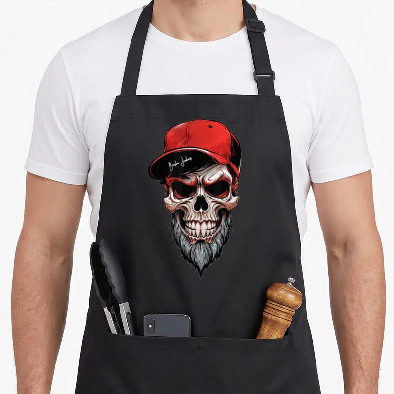 Tablier de cuisine noir avec illustration d'un crâne barbu portant une casquette rouge à visière noire.