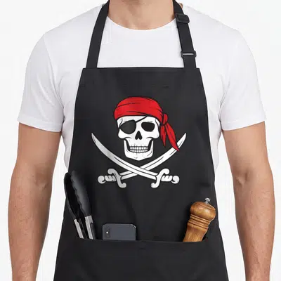 Tablier de cuisine noir avec un crâne portant une perruque rouge et deux sabres croisés en dessous.
