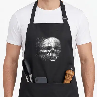 Tablier de cuisine noir avec un crâne abstrait composé de points et de lignes blanches formant un motif géométrique.