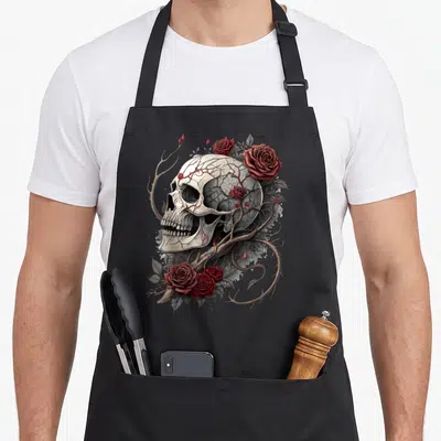 Tablier de cuisine noir avec une tête de mort roses rouges baroque gothique vintage tattoo imprimée au centre.