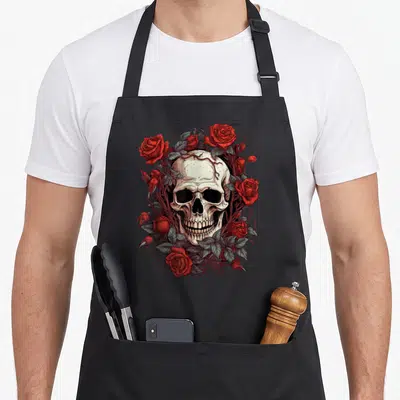 Tablier de cuisine noir avec un crâne entouré de roses rouges et de feuilles sombres.