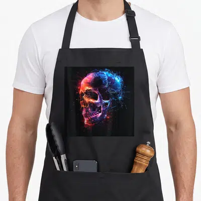 Tablier de cuisine noir avec un crâne punk rock numérique aux couleurs néon rouge et bleu.