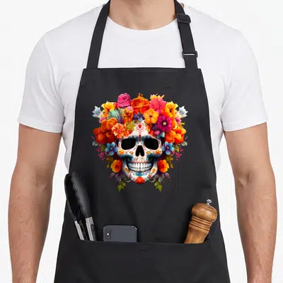 Tablier de cuisine noir avec une tête de mort décorée de motifs floraux multicolores et de roses éclatantes.