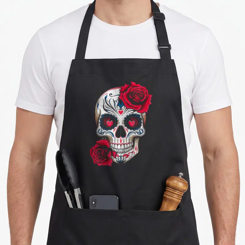 Tablier de cuisine noir avec un crâne décoré de roses rouges, de cœurs et de motifs bleus stylisés sur fond uni.