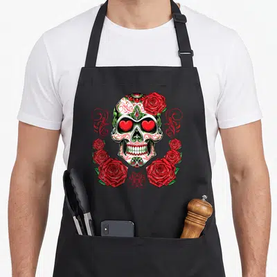 Tablier de cuisine noir avec un crâne décoré de roses rouges et de cœurs en forme de yeux.