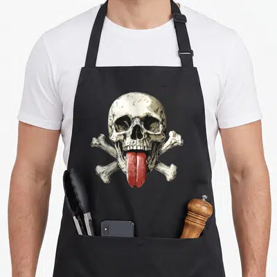 Tablier de cuisine noir avec un crâne pirate rétro tirant une langue rouge sur fond d'os croisés.