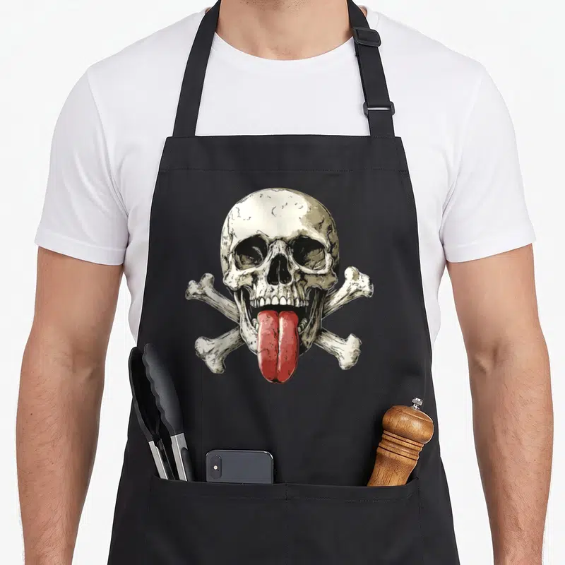Tablier de cuisine noir avec un crâne pirate rétro tirant une langue rouge sur fond d'os croisés.