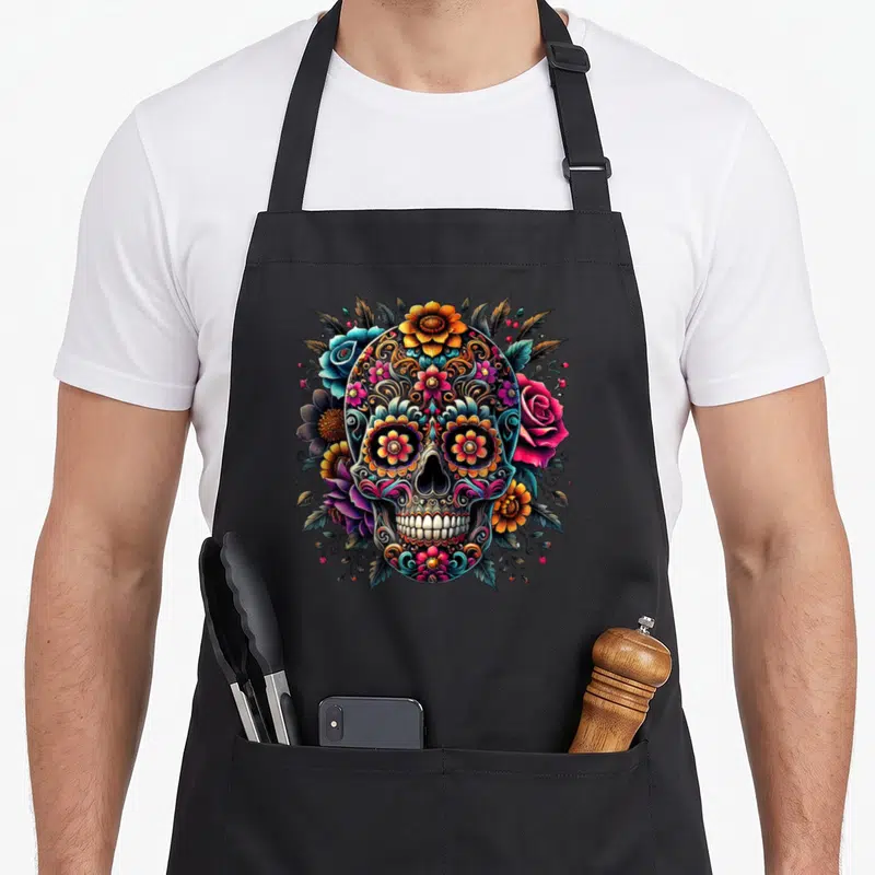 Tablier de cuisine noir avec tête de mort mexicaine colorée entourée de fleurs et de plumes.