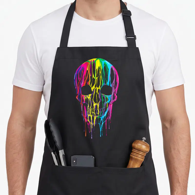 Tablier de cuisine noir avec tête de mort aux couleurs arc-en-ciel qui dégoutte verticalement.