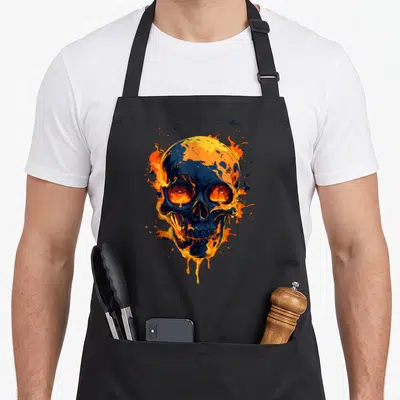 Tablier de cuisine noir avec tête de mort enflammée style graffiti et design moderne.