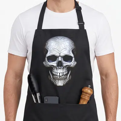 Tablier de cuisine noir avec tête de mort Art Skull aux motifs ondulés et yeux bleutés.