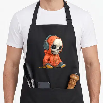 Tablier de cuisine noir orné d'un crâne enfant mignon vêtu d'une capuche orange et portant des écouteurs.