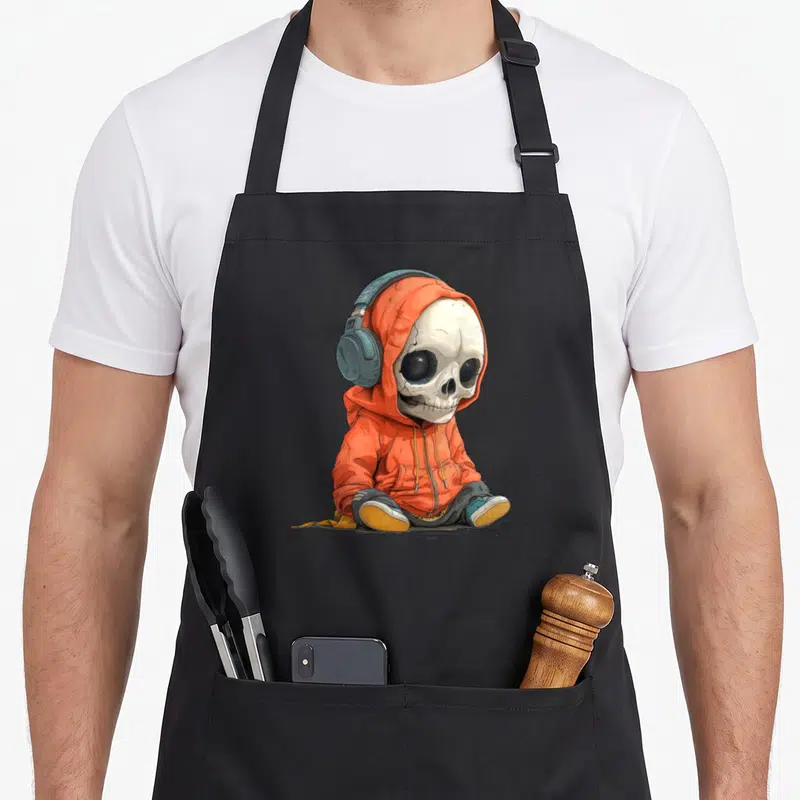 Tablier de cuisine noir orné d'un crâne enfant mignon vêtu d'une capuche orange et portant des écouteurs.