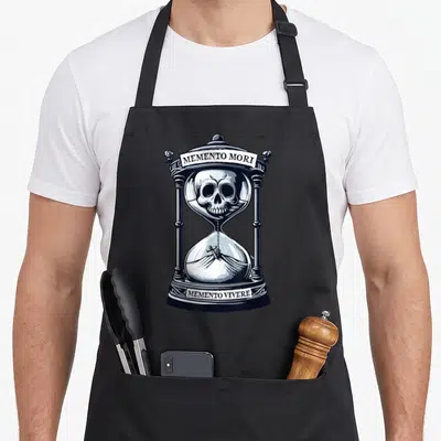 Tablier de cuisine noir avec illustration d'une horloge à sable blanche et grise portant un crâne et des inscriptions latines.