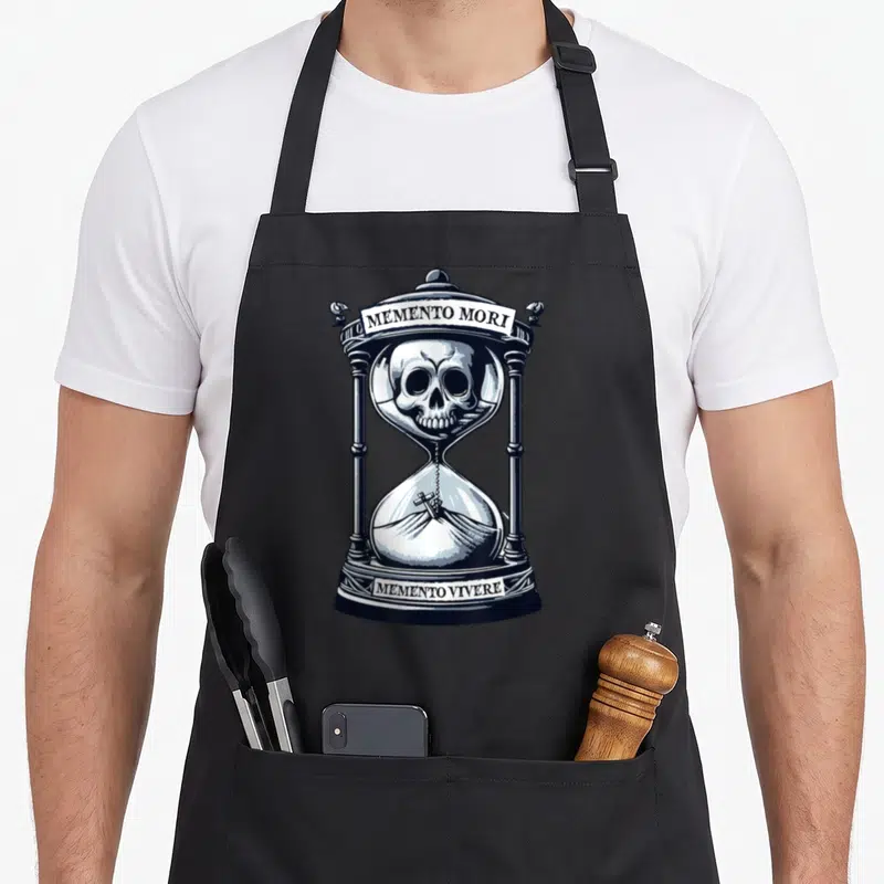 Tablier de cuisine noir avec illustration d'une horloge à sable blanche et grise portant un crâne et des inscriptions latines.