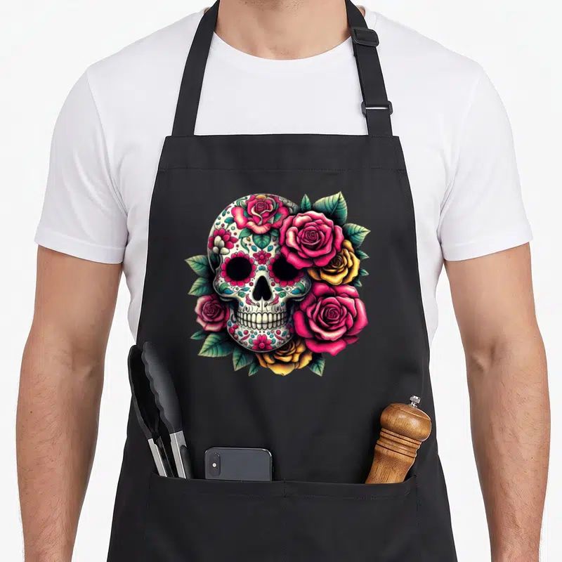 Tablier de cuisine noir avec une tête de mort en sucre entourée de roses roses et de feuilles vertes.