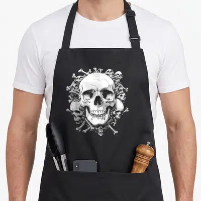 Tablier de cuisine noir avec un grand crâne blanc entouré de têtes de mort et d'os croisés en dessin détaillé.