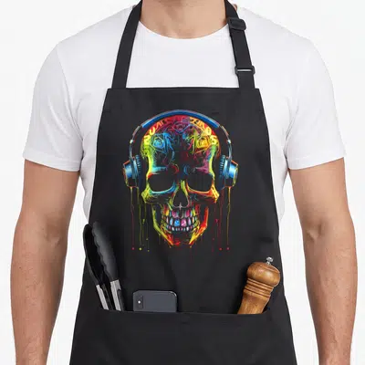 Tablier de cuisine noir avec tête de mort peinte en néon portant un casque bleu.