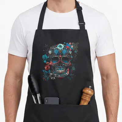 Tablier de cuisine noir avec un crâne mexicain floral aux couleurs bleues et roses.