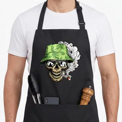 Tablier de cuisine noir avec un crâne fumant un CBD portant un chapeau vert à motifs de feuilles de cannabis et des lunettes de soleil.