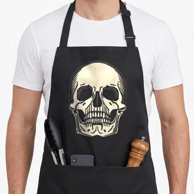 Tablier de cuisine noir avec un grand motif de tête de mort beige au dessin gravé sur le devant.