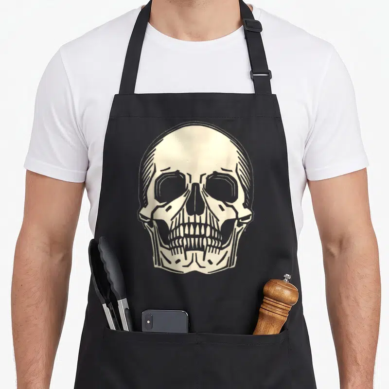 Tablier de cuisine noir avec un grand motif de tête de mort beige au dessin gravé sur le devant.