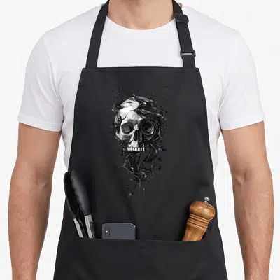 Tablier de cuisine noir avec illustration d'un crâne stylisé en noire et blanche.