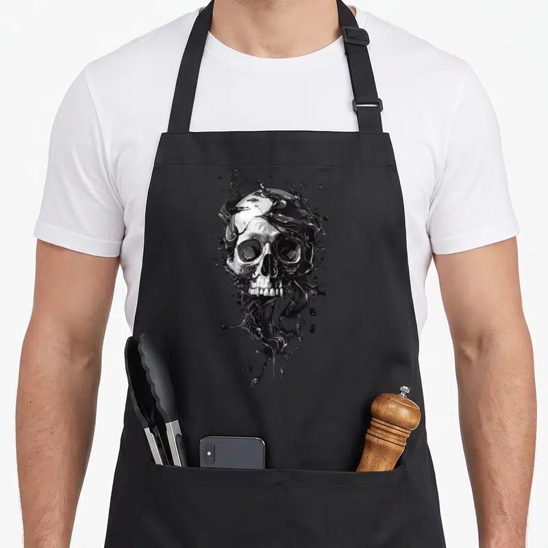 Tablier de cuisine noir avec illustration d'un crâne stylisé en noire et blanche.