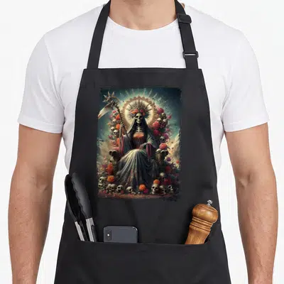 Tablier de cuisine noir avec une illustration détaillée de la Santa Muerte assise parmi des roses et des têtes de mort.