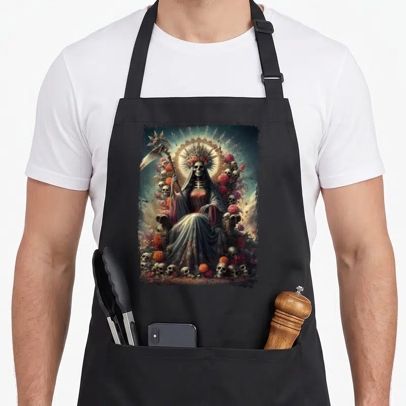 Tablier de cuisine noir avec une illustration détaillée de la Santa Muerte assise parmi des roses et des têtes de mort.