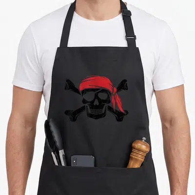 Tablier de cuisine noir avec un crâne portant un bandana rouge et des os croisés en arrière-plan.