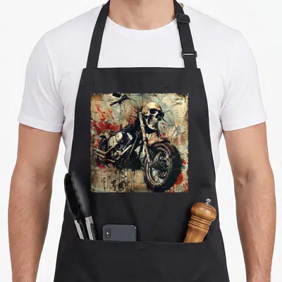 Tablier de cuisine noir avec illustration d'un crâne de motard assis sur une moto dans un style graffiti coloré.