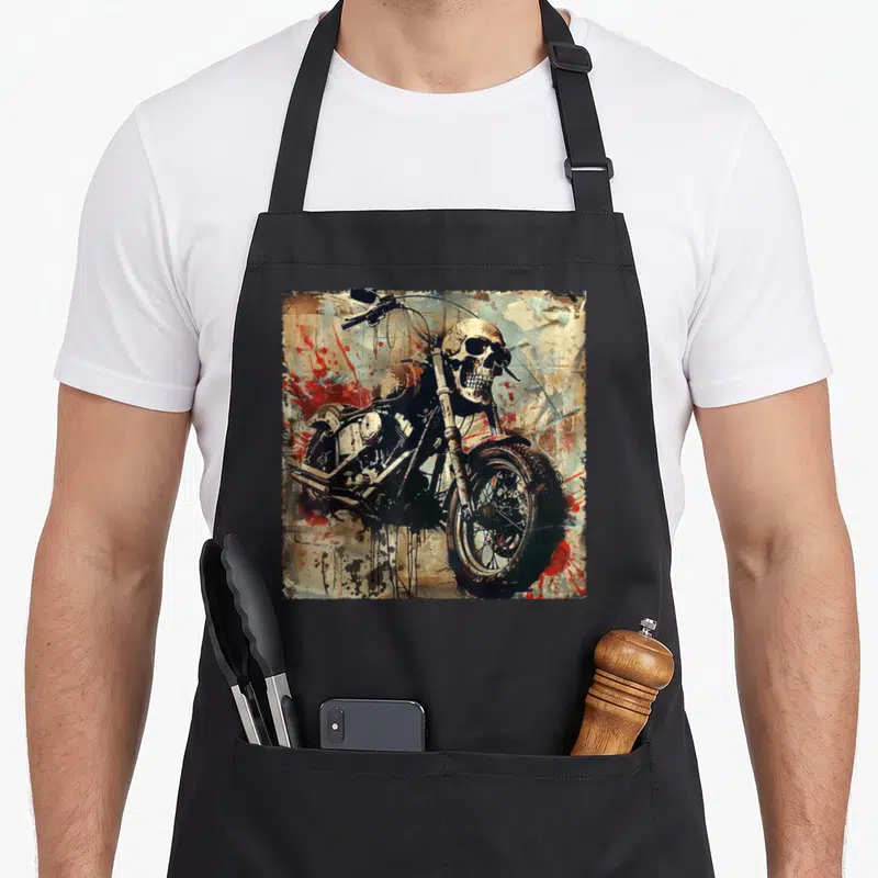 Tablier de cuisine noir avec illustration d'un crâne de motard assis sur une moto dans un style graffiti coloré.