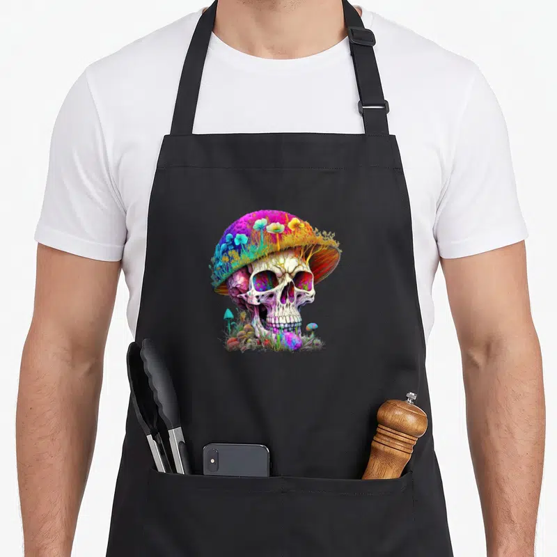 Tablier de cuisine noir avec un crâne stylisé en champignon multicolore et des motifs végétaux fantastiques.