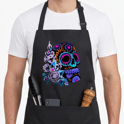 Tablier de cuisine noir avec un crâne sugar skull aux couleurs vives entouré de roses et de fleurs stylisées dans des tons rose, bleu et orange.