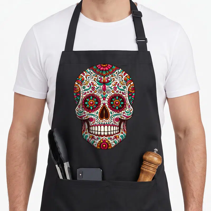Tablier de cuisine noir avec un grand crâne sucré aux motifs floraux multicolores roses et verts typiques du Jour des Morts.